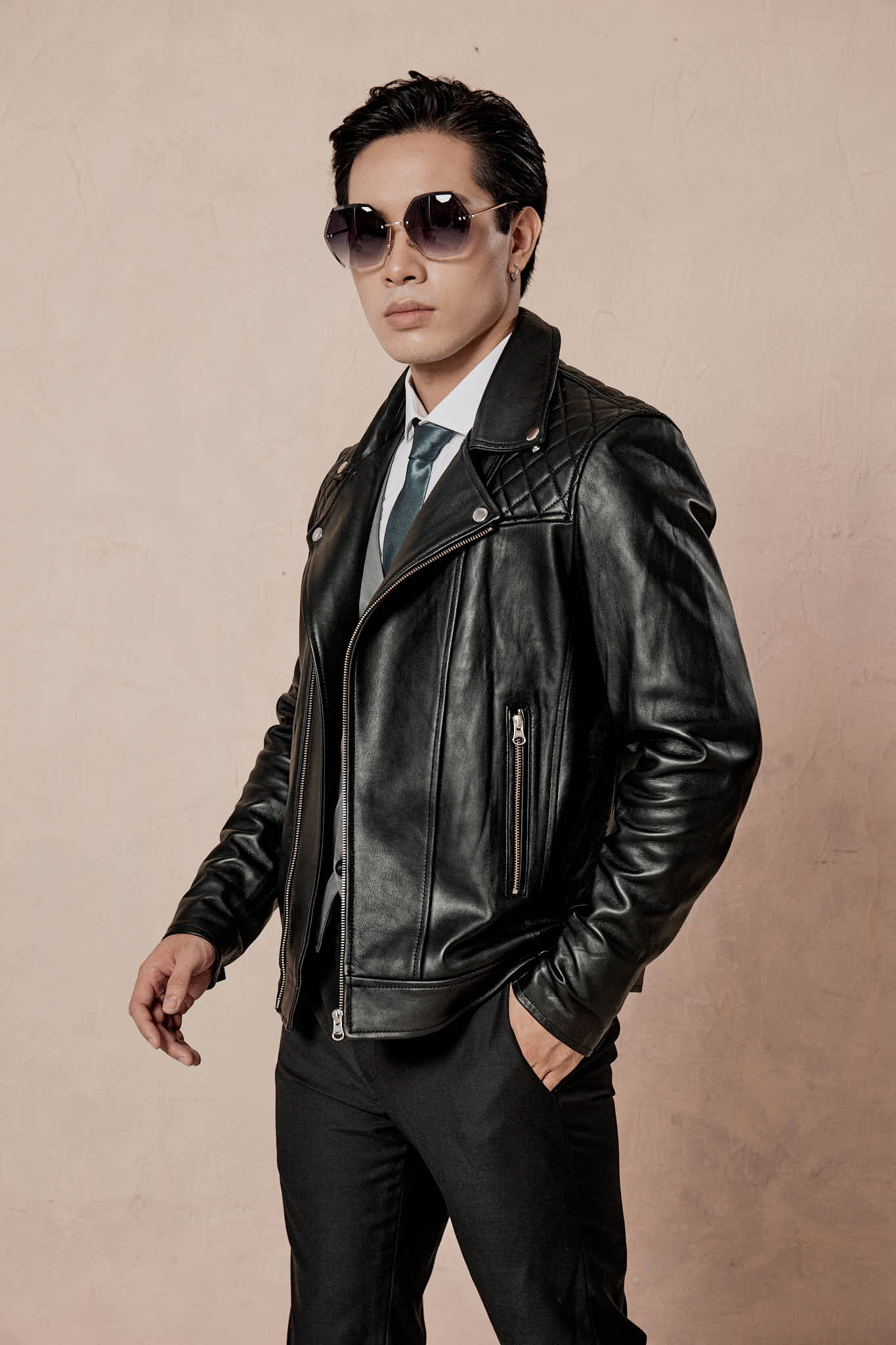 [AD-S2023] Áo da biker Jacket trần bông quả trám vai