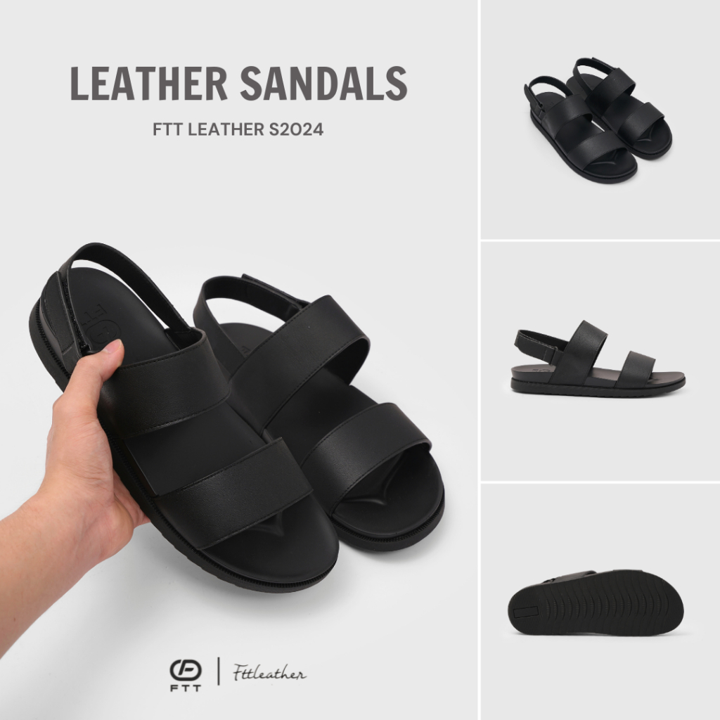 Dép quai hậu Sandal nam FTT Leather da microfiber hai quai ngang trơn đế cao su êm chân, chống trượt